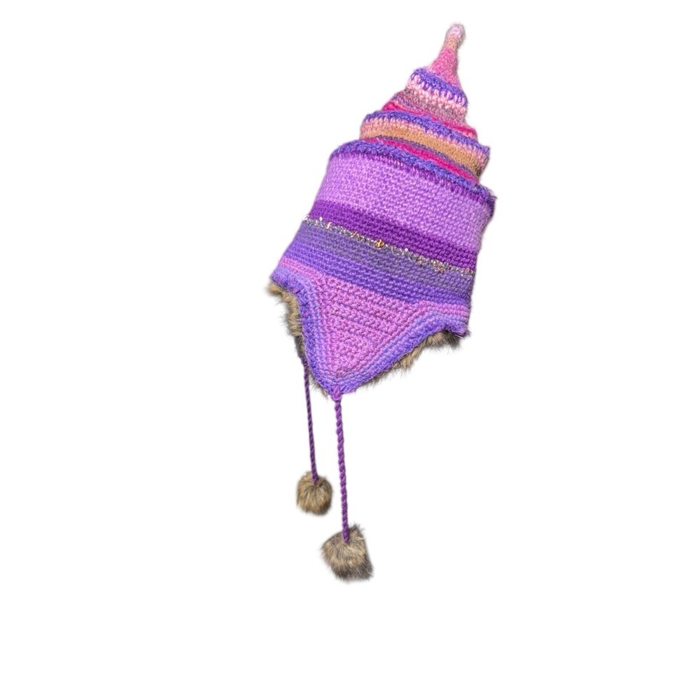 Funky Crochet Chunky Knit Pointed TRAPPER Hat Faux FUR lined Adult - Picture 3 of 11